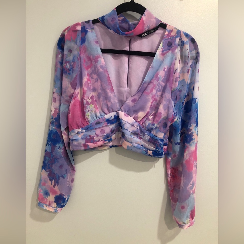Zara Purple Blue Floral Crop Blouse Deep V Cut Out Top Women's Size L